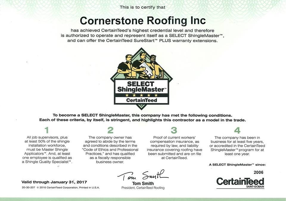 CertainTeed 2016 SELECT ShingleMaster Roofing Contractor