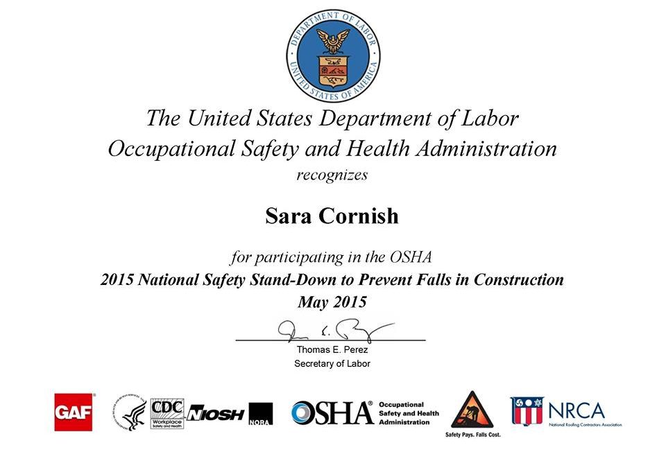 2015 National Safety Stand-Down Certificate
