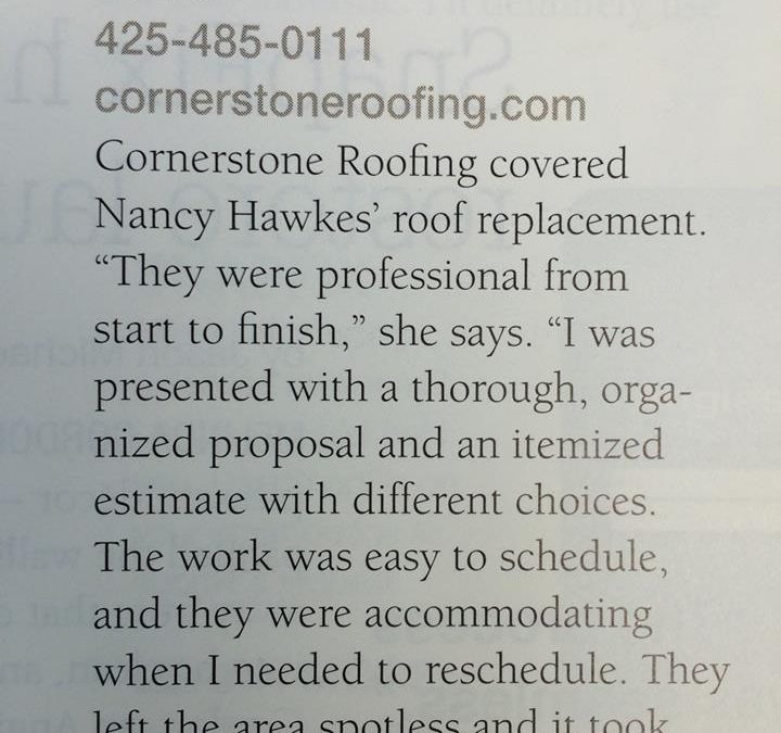 Cornerstone Roofing is honored to be chosen for Angie’s List’s “Pages of Happiness” magazine feature