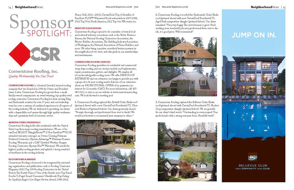 Cornerstone Roofing featured in Sponsor Spotlight of local magazines